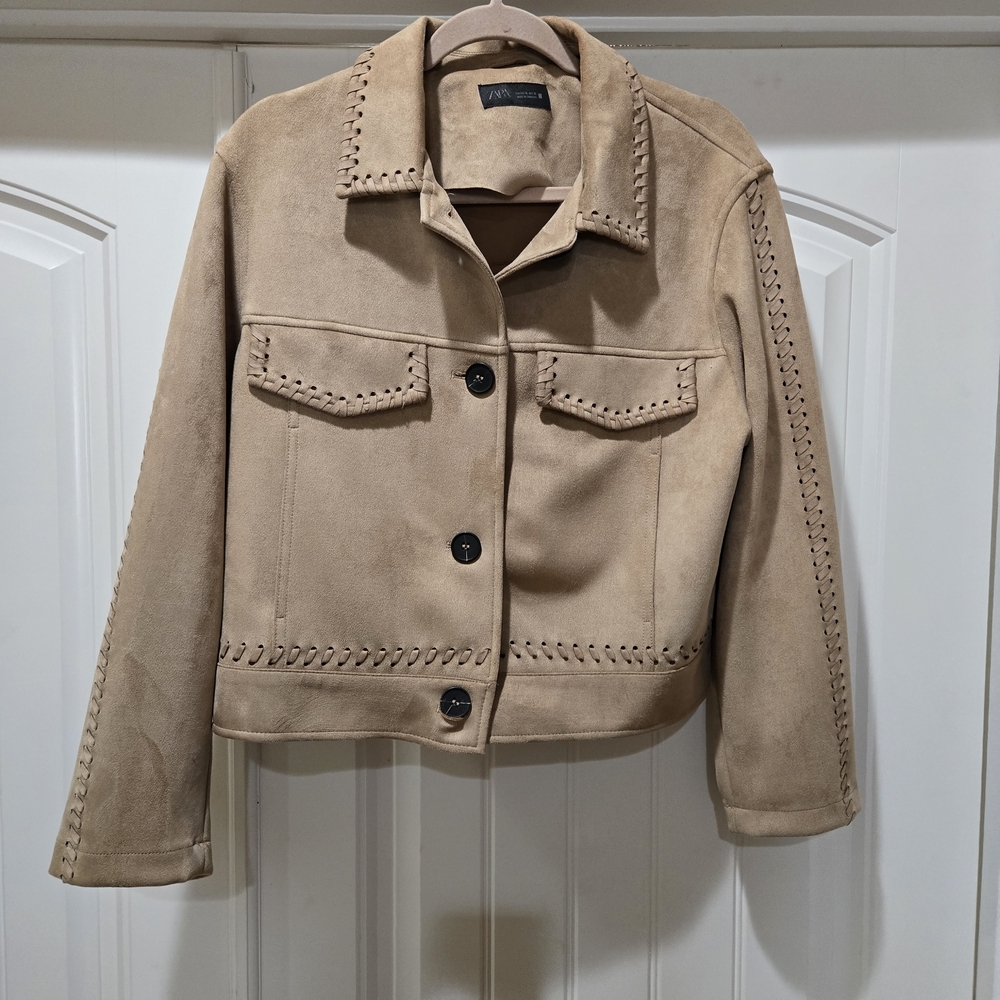 Zara Faux Leather Tan Women's Jacket with Stitch Detailing Size XL EUC - Picture 2 of 10